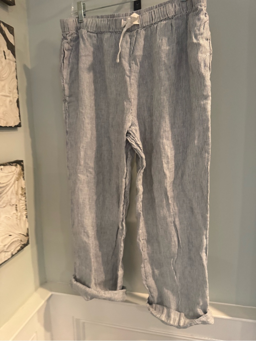 Quince Womens 100% European Linen Pajama Two Piece Set Blue Pinstripe L - Picture 5 of 12
